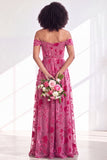 Vestido comprido de dama de honor em veludo fúcsia em veludo A-Line A-Line Ombro Descoberto