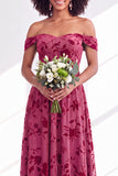 Vestido comprido de dama de honor em veludo fúcsia em veludo A-Line A-Line Ombro Descoberto