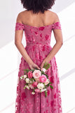 Vestido comprido de dama de honor em veludo fúcsia em veludo A-Line A-Line Ombro Descoberto