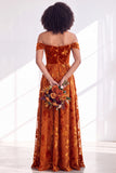 Vestido comprido de dama de honor em veludo fúcsia em veludo A-Line A-Line Ombro Descoberto