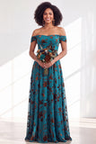 Vestido comprido de dama de honor em veludo fúcsia em veludo A-Line A-Line Ombro Descoberto