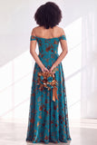 Vestido comprido de dama de honor em veludo fúcsia em veludo A-Line A-Line Ombro Descoberto