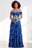 Vestido comprido de dama de honor em veludo fúcsia em veludo A-Line A-Line Ombro Descoberto