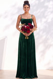Vestido de dama de honor verde-escuro com renda de renda nas costas, com alças finas
