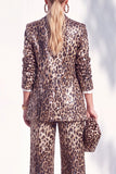 Leopardo de Café Lantejoulas Fatos Entalhados Lapela Feminina Fatos Compridos com Bolsos