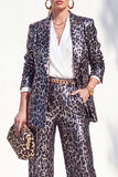 Leopardo de Café Lantejoulas Fatos Entalhados Lapela Feminina Fatos Compridos com Bolsos