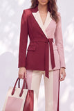 Fato de fato feminino com cinto de lapela de duas peças de duas peças em forma de bordô cor-de-rosa com cinto