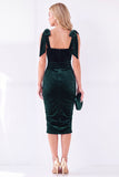 Vestido Midi Veludo Midi Afranzido com decote quadrado azul escuro com gola quadrada e alça borbulhada