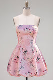 Vestido de Finalistas Floral A-Line Sem Alças em Cetim Cor-de-Rosa com Renda nas Costas