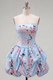 Vestido de regresso a casa floral de cetim azul A-Line sem alças com renda nas costas