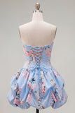 Vestido de regresso a casa floral de cetim azul A-Line sem alças com renda nas costas