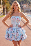 Vestido de regresso a casa floral de cetim azul A-Line sem alças com renda nas costas