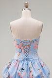 Vestido de regresso a casa floral de cetim azul A-Line sem alças com renda nas costas