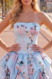 Vestido de regresso a casa floral de cetim azul A-Line sem alças com renda nas costas