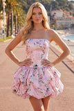 Vestido de regresso a casa floral de cetim azul A-Line sem alças com renda nas costas