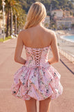 Vestido de regresso a casa floral de cetim azul A-Line sem alças com renda nas costas