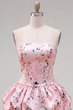 Vestido de regresso a casa floral de cetim azul A-Line sem alças com renda nas costas