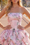 Vestido de regresso a casa floral de cetim azul A-Line sem alças com renda nas costas