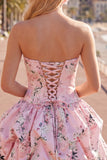 Vestido de regresso a casa floral de cetim azul A-Line sem alças com renda nas costas