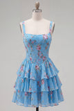 Espartilho de Chiffon Azul Vestido Curto de Finalistas Floral A-Line com decote quadrado