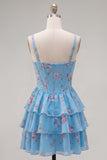 Espartilho de Chiffon Azul Vestido Curto de Finalistas Floral A-Line com decote quadrado