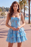 Espartilho de Chiffon Azul Vestido Curto de Finalistas Floral A-Line com decote quadrado