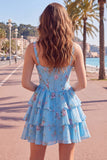 Espartilho de Chiffon Azul Vestido Curto de Finalistas Floral A-Line com decote quadrado