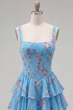 Espartilho de Chiffon Azul Vestido Curto de Finalistas Floral A-Line com decote quadrado