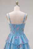 Espartilho de Chiffon Azul Vestido Curto de Finalistas Floral A-Line com decote quadrado