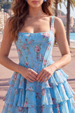 Espartilho de Chiffon Azul Vestido Curto de Finalistas Floral A-Line com decote quadrado