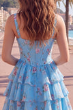 Espartilho de Chiffon Azul Vestido Curto de Finalistas Floral A-Line com decote quadrado