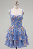 Espartilho de Chiffon Azul Vestido Curto de Finalistas Floral A-Line com decote quadrado