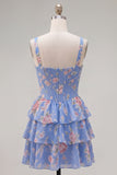 Espartilho de Chiffon Azul Vestido Curto de Finalistas Floral A-Line com decote quadrado