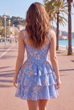 Espartilho de Chiffon Azul Vestido Curto de Finalistas Floral A-Line com decote quadrado