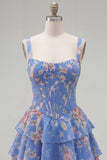 Espartilho de Chiffon Azul Vestido Curto de Finalistas Floral A-Line com decote quadrado