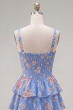Espartilho de Chiffon Azul Vestido Curto de Finalistas Floral A-Line com decote quadrado