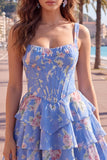 Espartilho de Chiffon Azul Vestido Curto de Finalistas Floral A-Line com decote quadrado