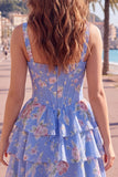 Espartilho de Chiffon Azul Vestido Curto de Finalistas Floral A-Line com decote quadrado
