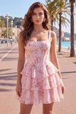 Espartilho de Chiffon Azul Vestido Curto de Finalistas Floral A-Line com decote quadrado