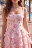 Espartilho de Chiffon Azul Vestido Curto de Finalistas Floral A-Line com decote quadrado