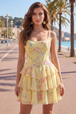 Espartilho de Chiffon Azul Vestido Curto de Finalistas Floral A-Line com decote quadrado