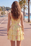 Espartilho de Chiffon Azul Vestido Curto de Finalistas Floral A-Line com decote quadrado