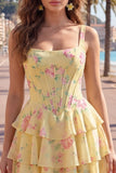 Espartilho de Chiffon Azul Vestido Curto de Finalistas Floral A-Line com decote quadrado