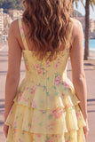 Espartilho de Chiffon Azul Vestido Curto de Finalistas Floral A-Line com decote quadrado