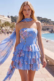 Vestido Curto de Finalistas Amarelo, Sem Alças, Floral com Folhos em Linha A