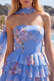 Vestido Curto de Finalistas Amarelo, Sem Alças, Floral com Folhos em Linha A