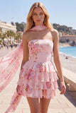 Vestido Curto de Finalistas Amarelo, Sem Alças, Floral com Folhos em Linha A