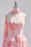 Vestido Curto de Finalistas Amarelo, Sem Alças, Floral com Folhos em Linha A