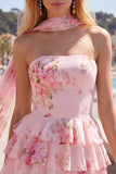 Vestido Curto de Finalistas Amarelo, Sem Alças, Floral com Folhos em Linha A