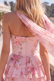 Vestido Curto de Finalistas Amarelo, Sem Alças, Floral com Folhos em Linha A
